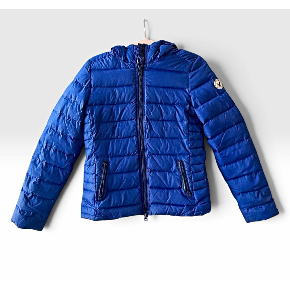American Eagle Womens M Real Down Puffer Jacket Blue Hooded 70/30 Feather Y2K